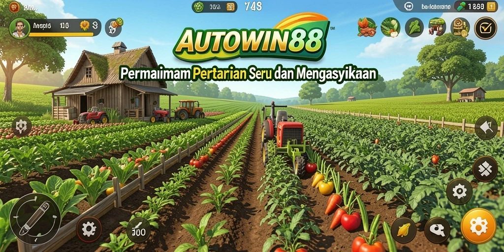 Tampilan gameplay seru di AUTOWIN88 dengan ladang yang subur dan hewan ternak.