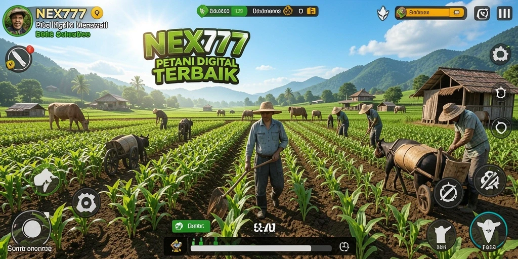Tampilan gameplay NEX777 menampilkan ladang yang hijau dan subur dengan berbagai tanaman.